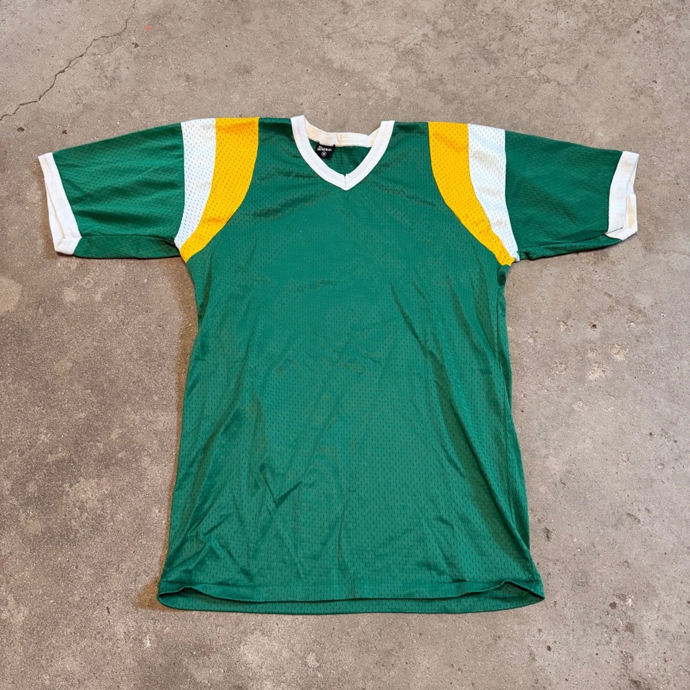 Vintage 70s The General Jersey Mens Medium Green Burlington Northern Mesh V-Neck